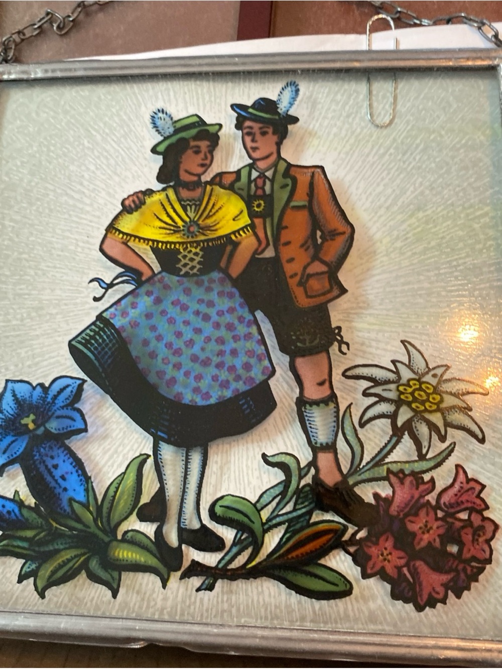 Hand-Painted Vintage Folk Couple Stained Glass Panel - Colorful